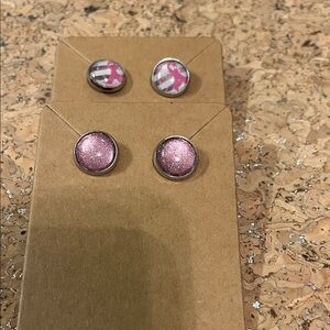 Pink Ribbon and Glitter Stud Earrings Set - Handmade